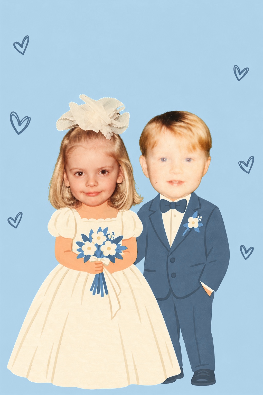 A playful wedding illustration of Maria and Dovydas as children, with Maria in a wedding dress and Dovydas in a suit.